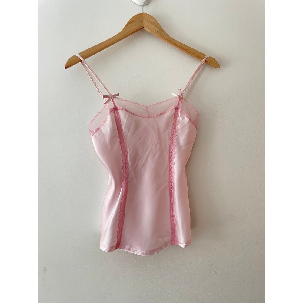 Y2K Pink Satin Camisole Top Lace Trim Bow Coquette Sleepwear Cami Top Medium